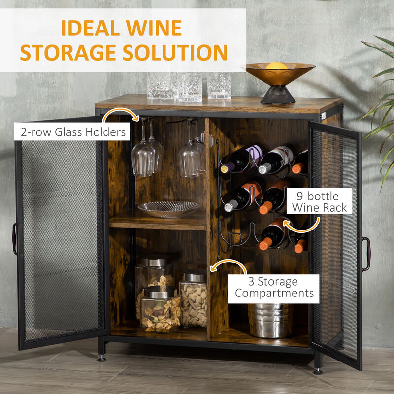 Industrial 9-bottle Wine Rack Cabinet Serving Buffet w/ Glass Holders, Brown