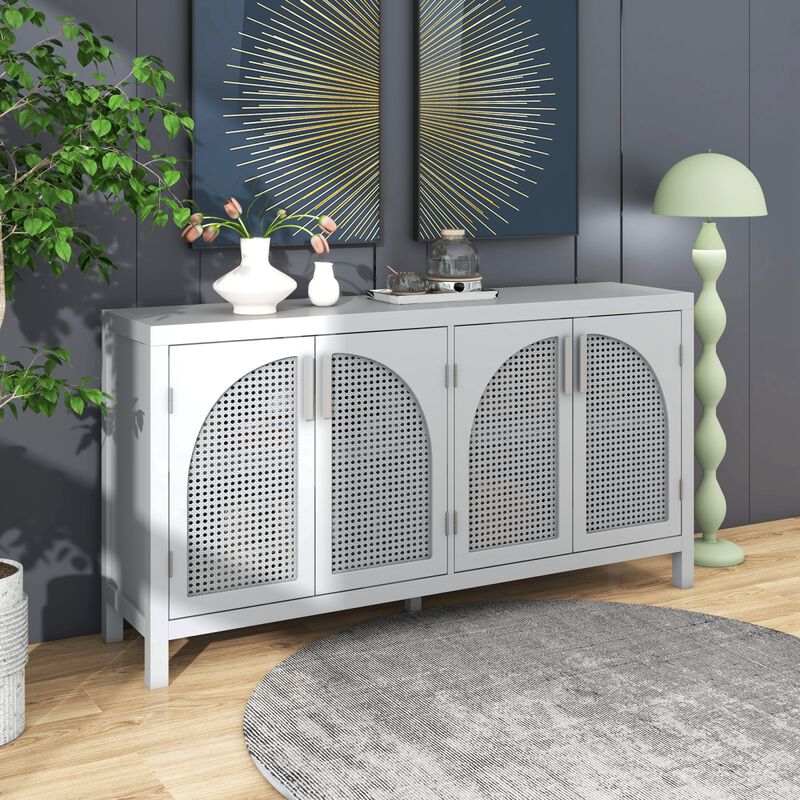 Large Storage Space Sideboard with Artificial Rattan Door and Metal Handles for Living Room and Entryway (Gray)