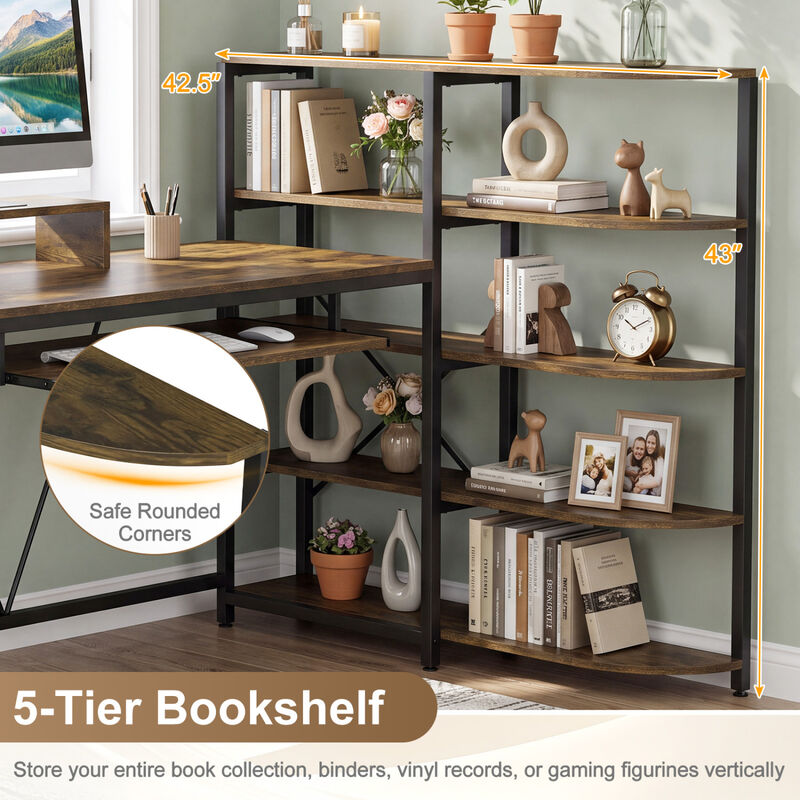 U Shaped Computer Desk with 5 Tier Storage Bookshelf and Keyboard Tray image number 5
