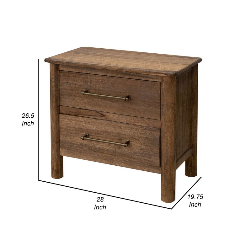 Olum 28 Inch Nightstand, 2 Drawers, Metal Handles, Solid Mango Wood, Brown image number 5