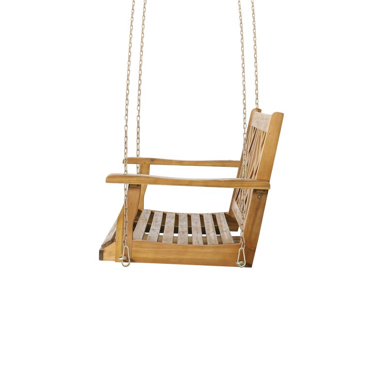 Annah Porch Swing Bench w Chains, Herringbone Teak Brown Acacia Wood