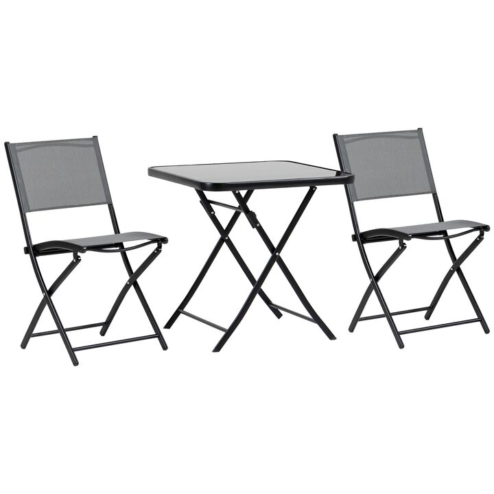 3-Piece Garden Bistro Set, Outdoor Folding Dining Set with Glass Table Top, 2 Folding Chairs, Steel Frame, and Mesh Fabric, Grey