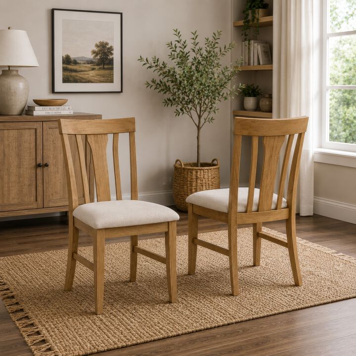 Kema Dining Side Chair Set of 2, Slatted Back, Padded Tan Seat, Brown