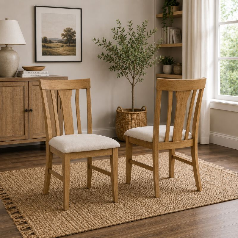 Kema Dining Side Chair Set of 2, Slatted Back, Padded Tan Seat, Brown image number 1
