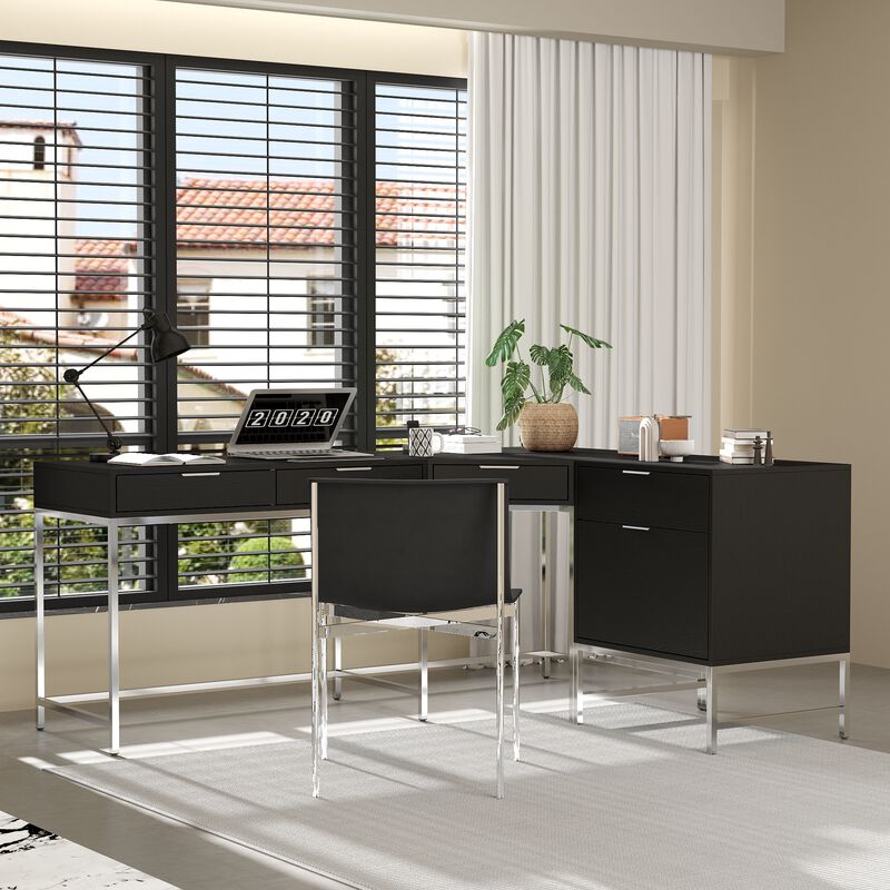 FUFU&GAGA L-Shaped Corner Desk with Drawers and File Cabinet, Black Embossed Finish, Metal Frame, Home Office Computer Workstation with Storage (70.9” x 55.1” x 29.9”), Black