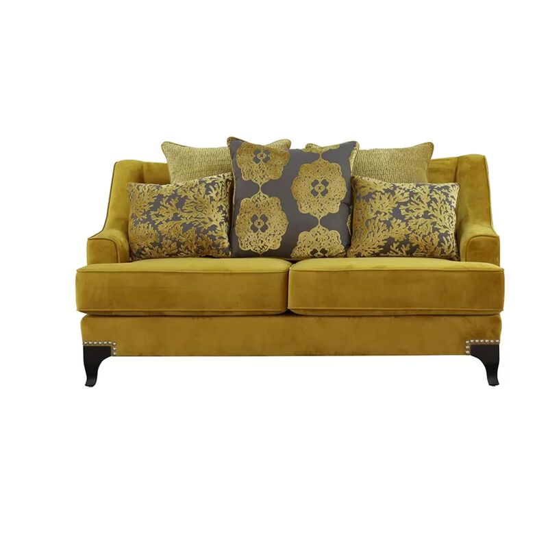 Visco 2pc Sofa, Loveseat Set, 8 Throw Pillows, Rivet Trim, Gold Yellow - Benzara