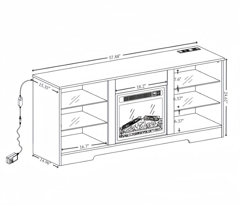 3D Electric Fireplace TV Stand with Glass Shelves, LED Lights & USB Charging Outlet, Fits TVs 32‑62" image number 3
