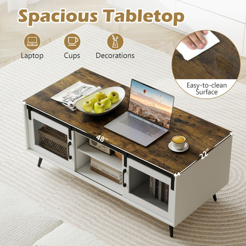 Farmhouse Coffee Table with Sliding Doors Rectangular with Adjustable Shelf-Rustic Brown image number 4