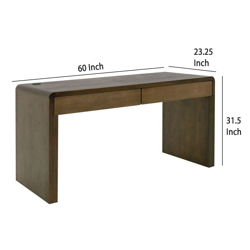 Esis Writing Desk, 2 Drawers, USB Ports, Dark Brown Mango Wood 60 Inch - Benzara
