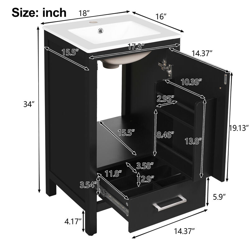ELEMENT ACE Compact Bathroom Vanity with Integrated Ceramic Sink, Soft-Close Drawer & Door, Divider Drawer, Adjustable Foot Pads for Small Bathrooms image number 2