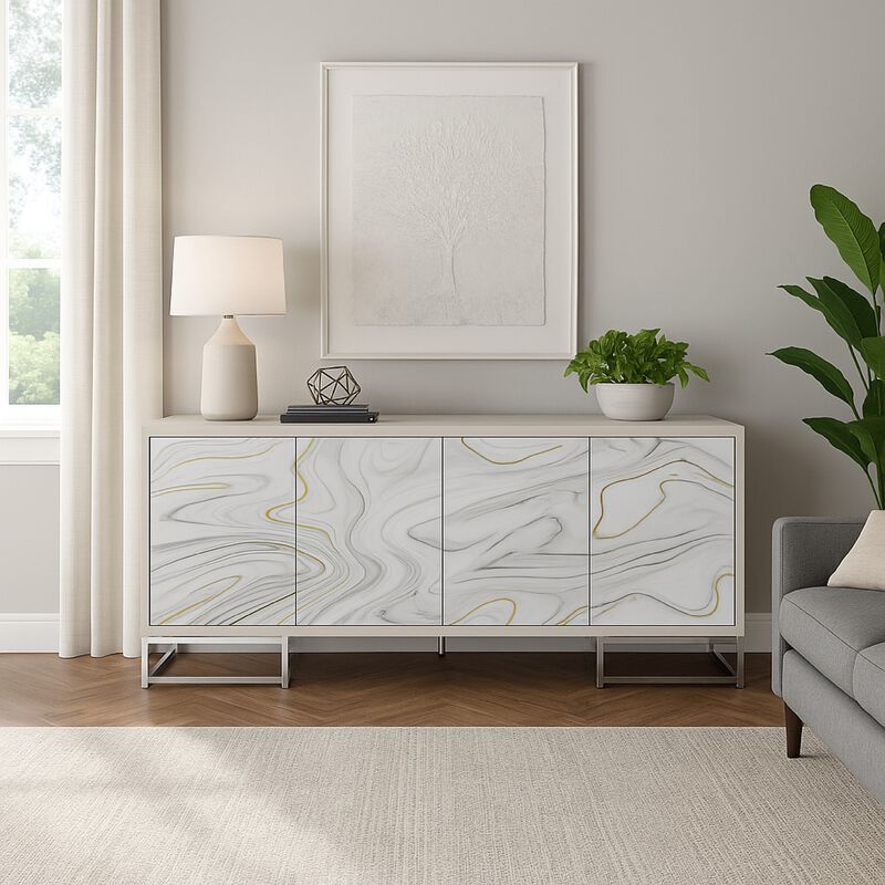 Anok Sideboard Console Cabinet, White Marble Look, Chrome, 65 Inch