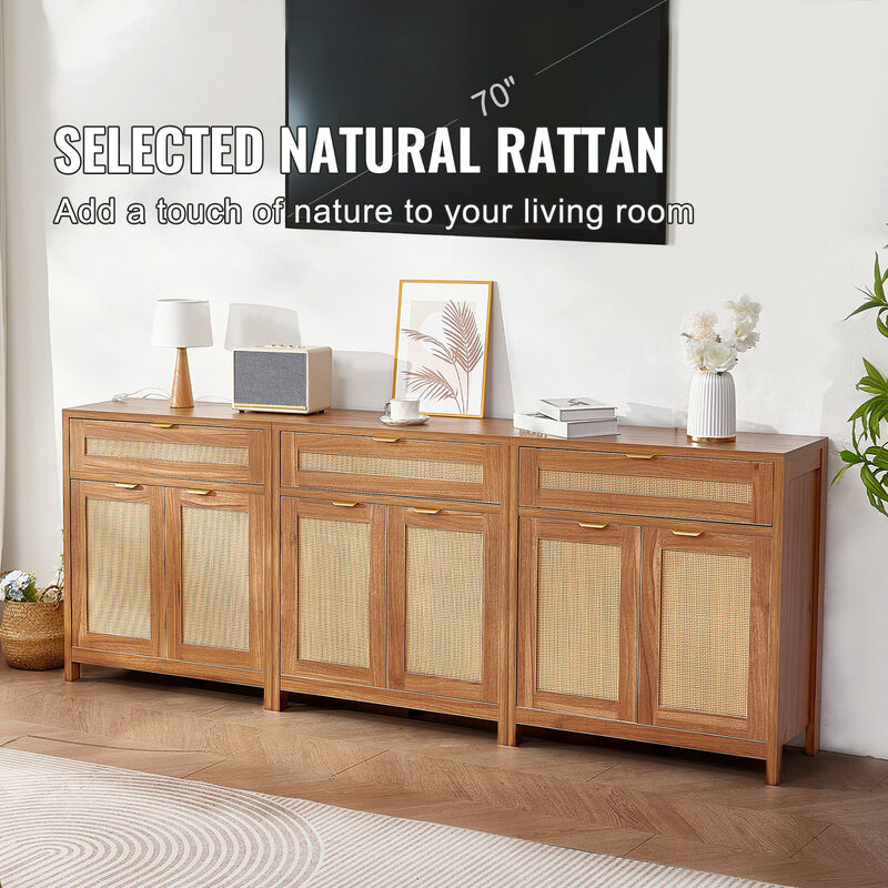 Set of 3 Rattan Buffet Cabinets with 6 Doors and Adjustable Shelves for Home Storage