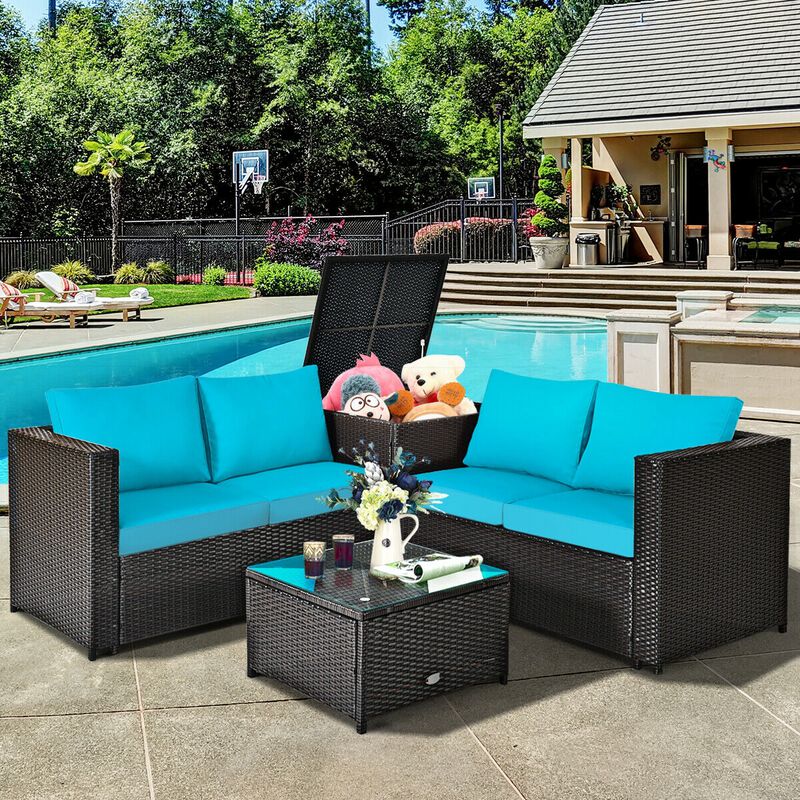 4 Pieces Outdoor Patio Rattan Furniture Set with Cushioned Loveseat and Storage Box image number 2
