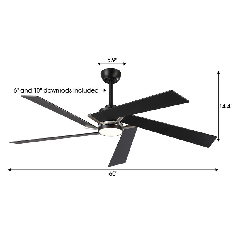 60" Modern Industrial Matte Black Reversible Dimmable 5 Aero Blades Ceiling Fan with Light and Remote image number 5