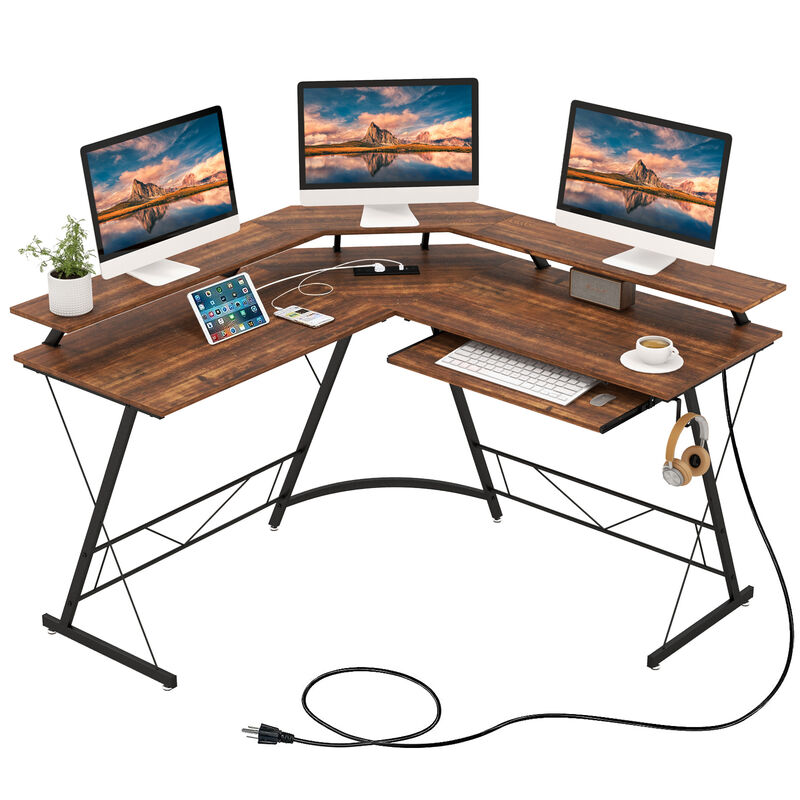 L-shaped Computer Desk with Power Outlet and Monitor Stand