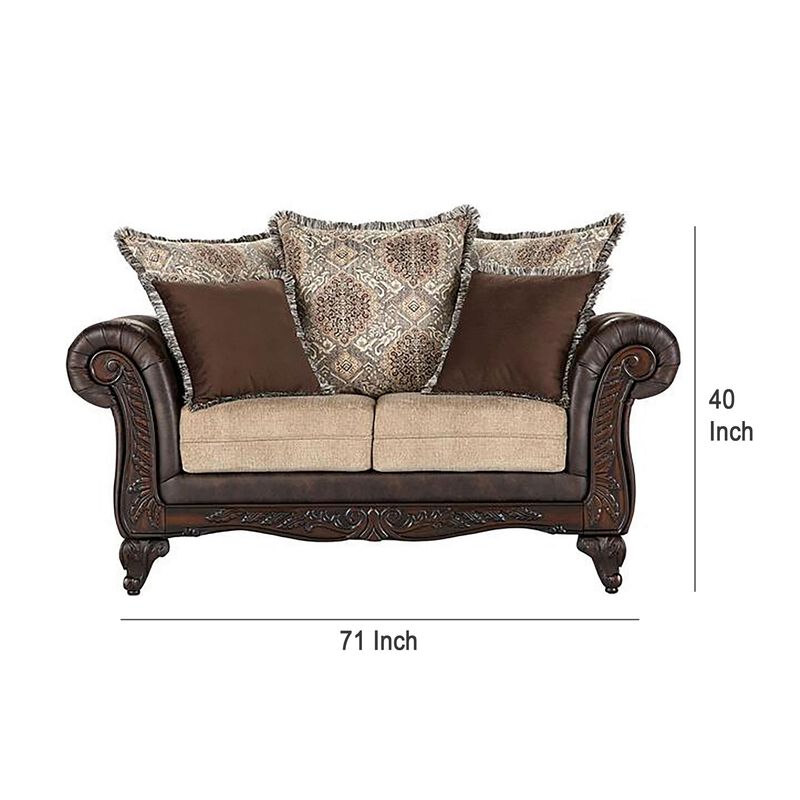 Miva Loveseat w Pillows, Classic Rolled Arms, Brown Faux Leather - Benzara - Benzara