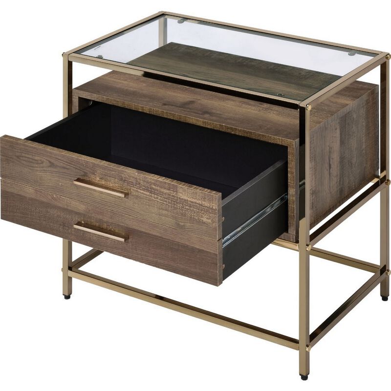 Accent Table with 2 Drawers and Metal Frame Glass Top, Brown and Gold - Benzara