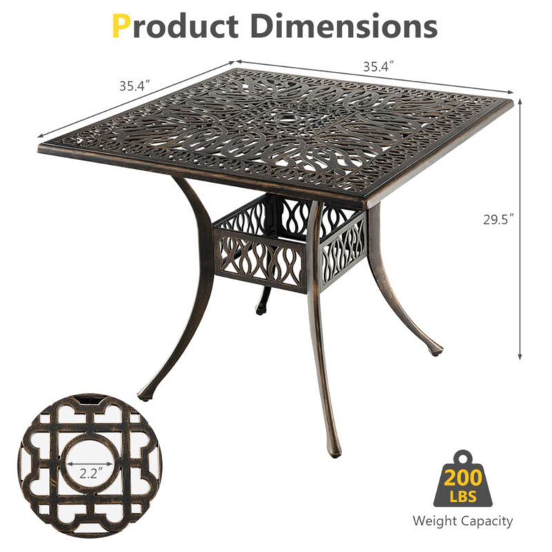 Hivvago 35.4 Inch Aluminum Patio Square Dining Table with Umbrella Hole-Bronze