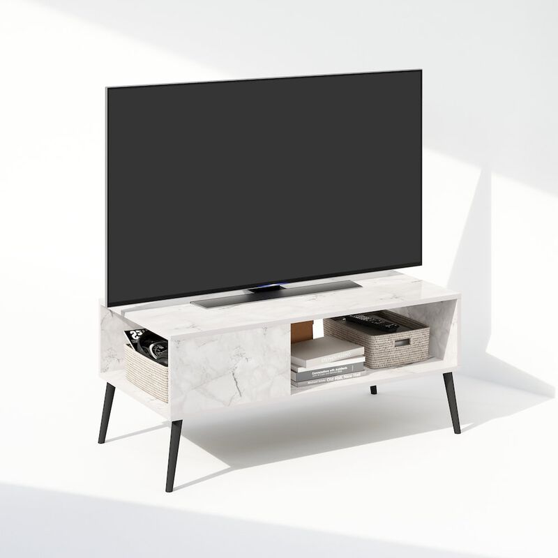 Claude Mid Century Style TV Stand for TV up to 40 with Wood Legs, Marble White