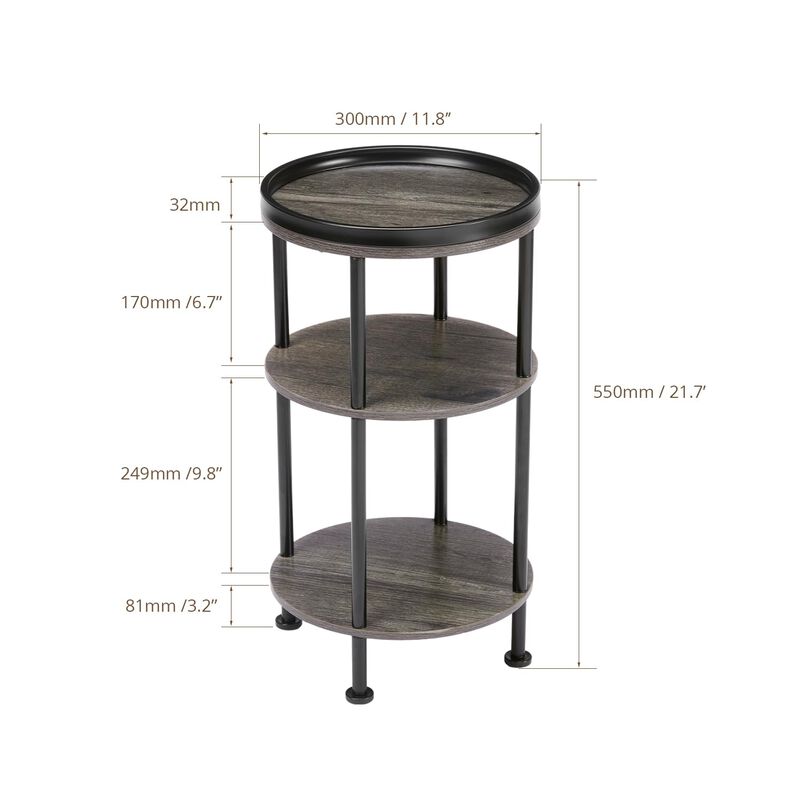 Grey Modern 3-Tier Round Accent Table - Slim Corner Table for Small Spaces, Living Room or Bedroom