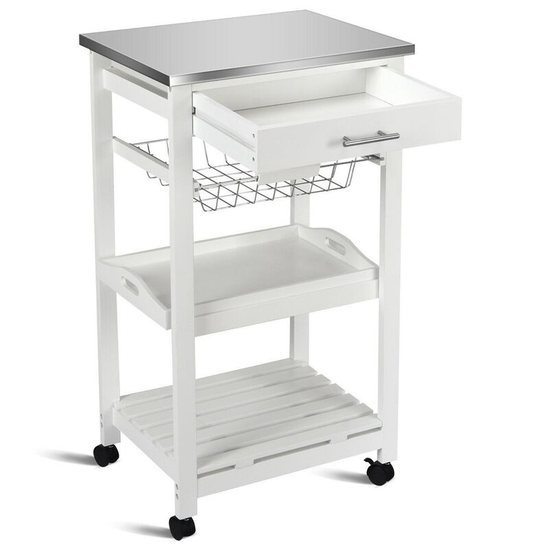Hivvago White Kitchen Cart with Storage Drawer and Stainless Steel Top