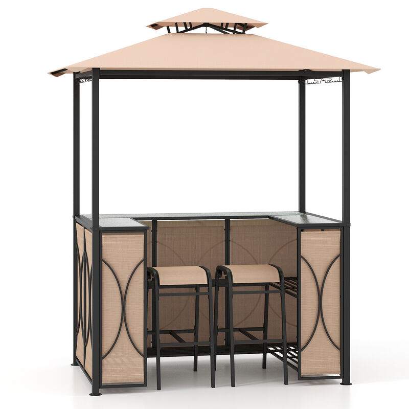 3-Piece Patio Bar Set with Grill Gazebo, 2 Bar Stools, and Tempered Glass Bar Table