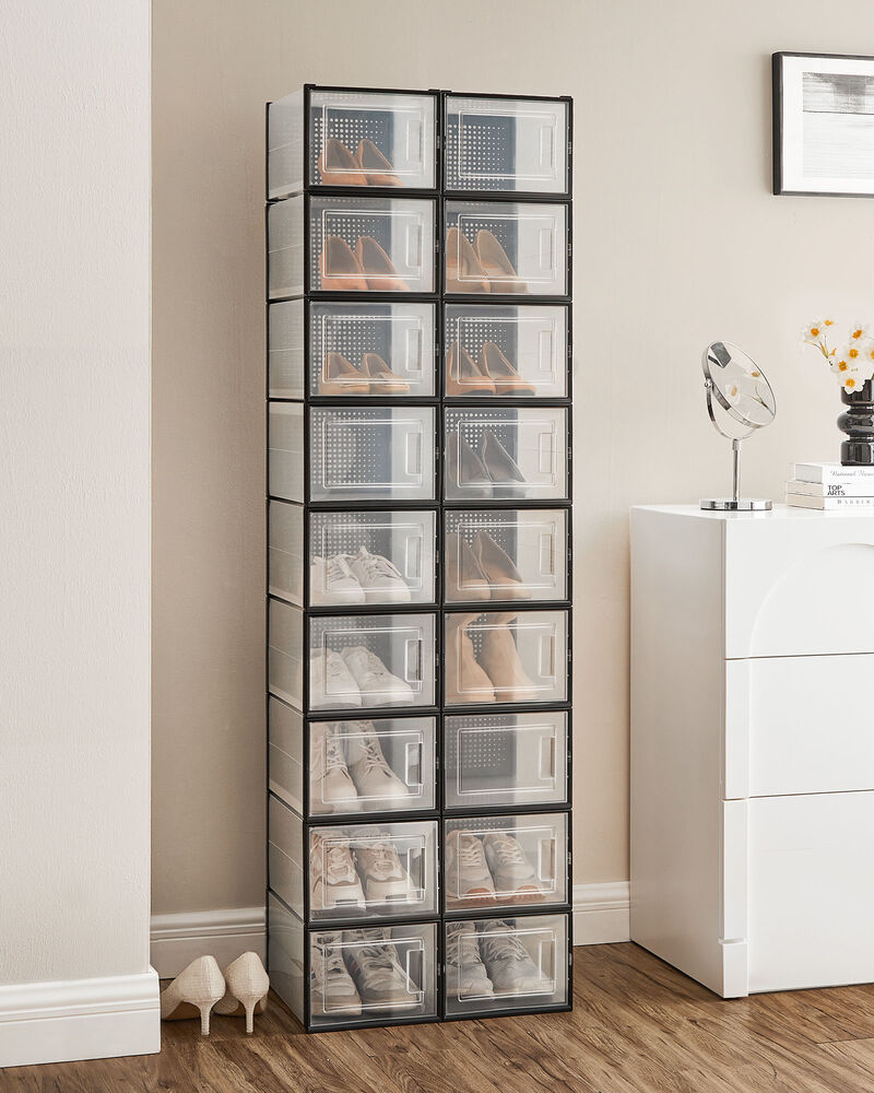 Stackable Shoe Boxes (18 Count) &ndash; Fits Large Shoes Up to US Size 13, Transparent Design for Easy Access