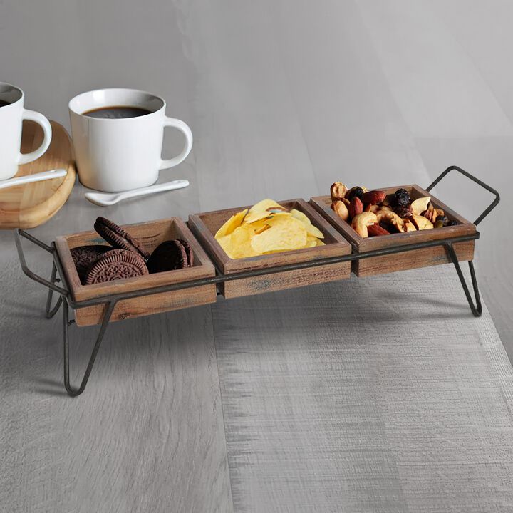 Artisinal Wood Serving Tray, 3 Seperate Sections and Metal Frame, Brown, Black-Benzara