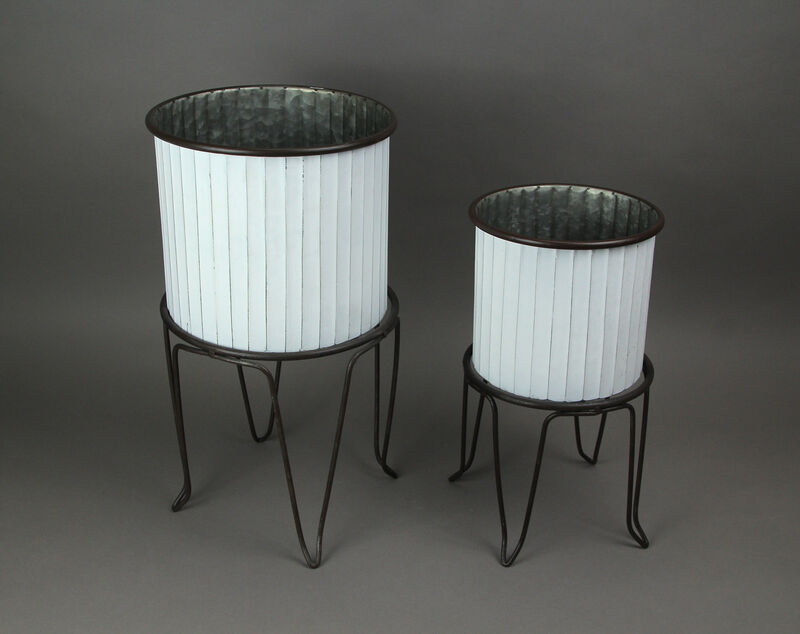 Set of 2 White / Charcoal Round Metal Tub Planters On Stands image number 1