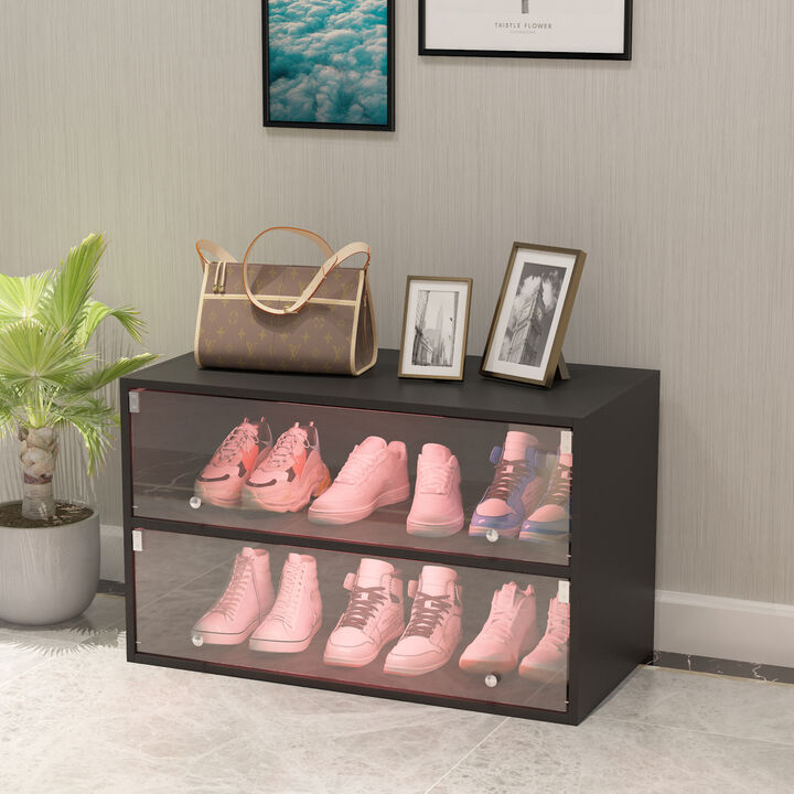 Black Glass Door Shoe Box Shoe Storage Cabinet For Sneakers With RGB Led Light