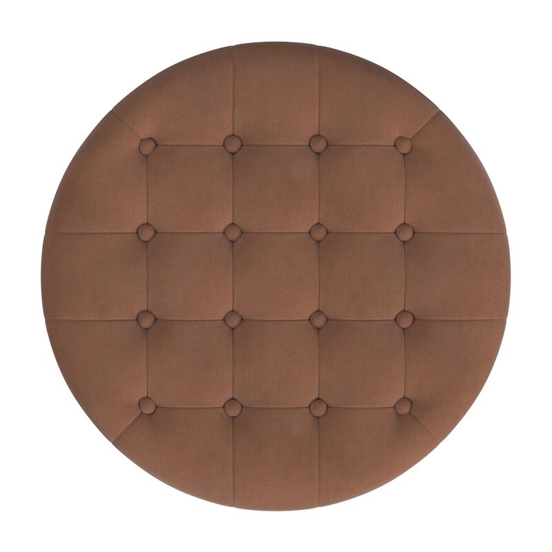 Jo Storage Ottoman, 28 Inch Round Tufted Lift Top, Spice Brown Velvet