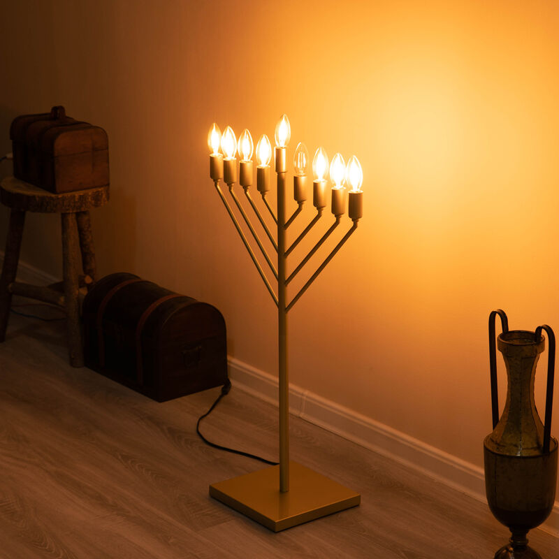 Large Modern Antique Gold Nine Branch Electric Chabad Style Hanukkah Menorah with Flame Shaped LED Bulbs