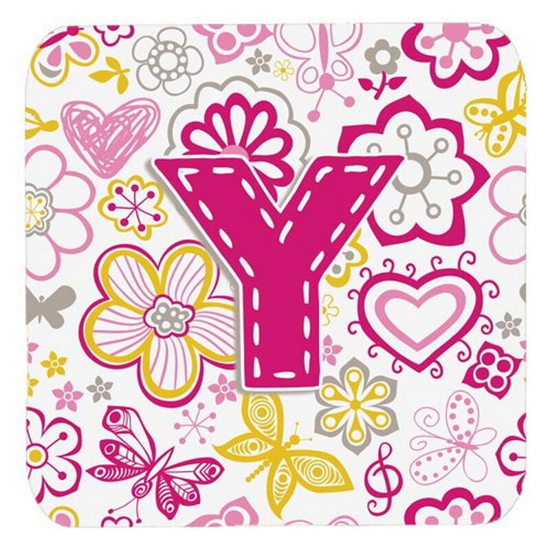 Caroline's Treasures CJ2005-YFC Letter Y Flowers and Butterflies Pink Foam Coasters (Set of 4), 3.5, Multicolor