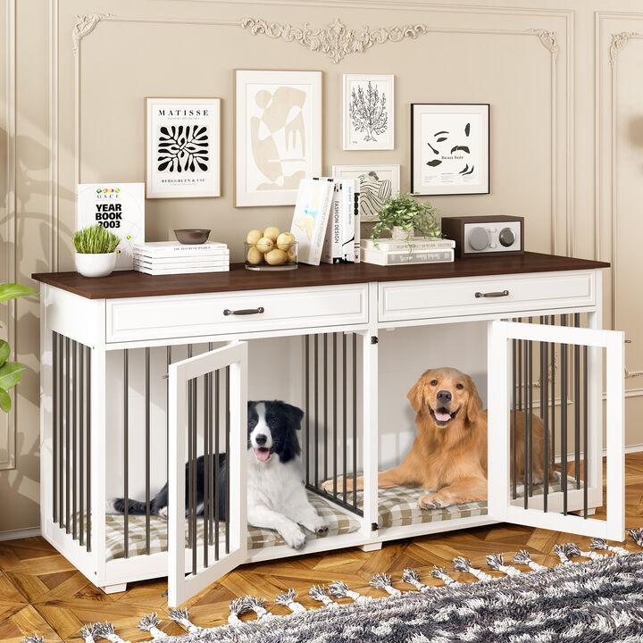 Furniture Style Dog Crate, 72 in. Large Wooden Dog Kennel with Drawers Divider, Heavy Duty Indoor Dog Cage for 2-Dogs
