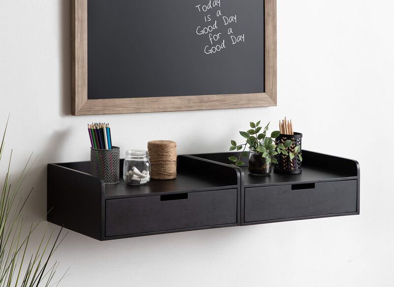 Kate and Laurel Kitt Modern Floating Wall Shelf Side Table with Drawer, 18"" x 12"" x 6.5"", Black