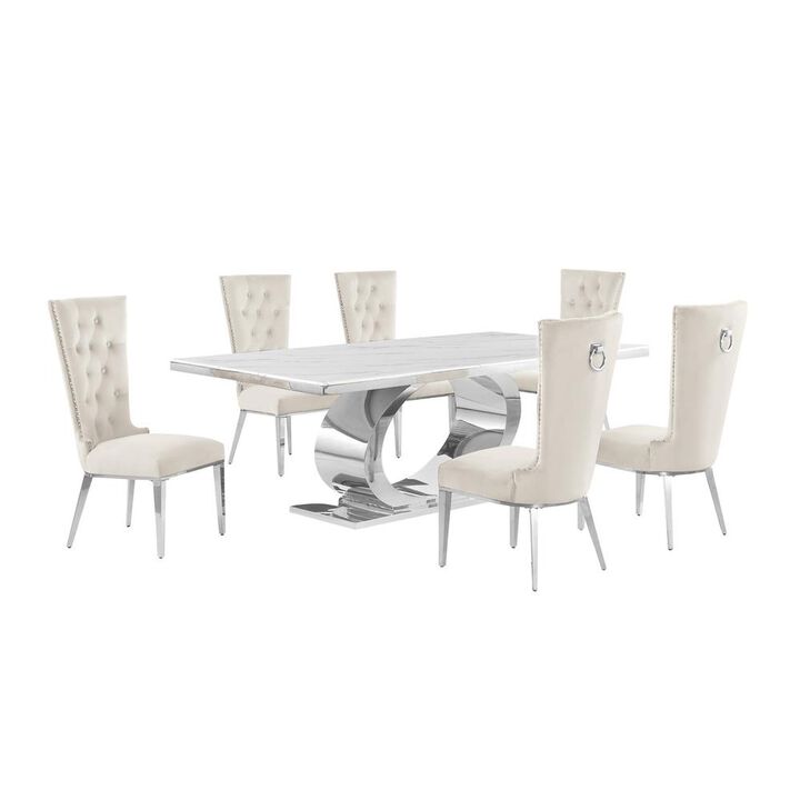 Best Quality Furniture 7pc Large(87) marble top dining set with silver base and 6 Cream side chairs