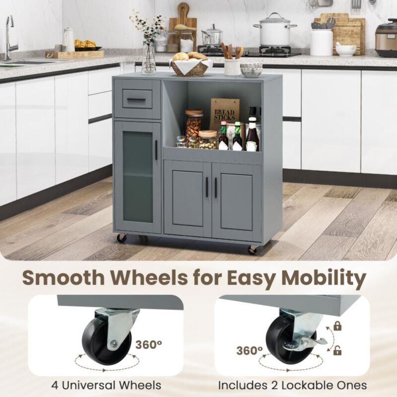 Hivvago Rolling Kitchen Island with Wheels Drawer and Glass Door Cabinet