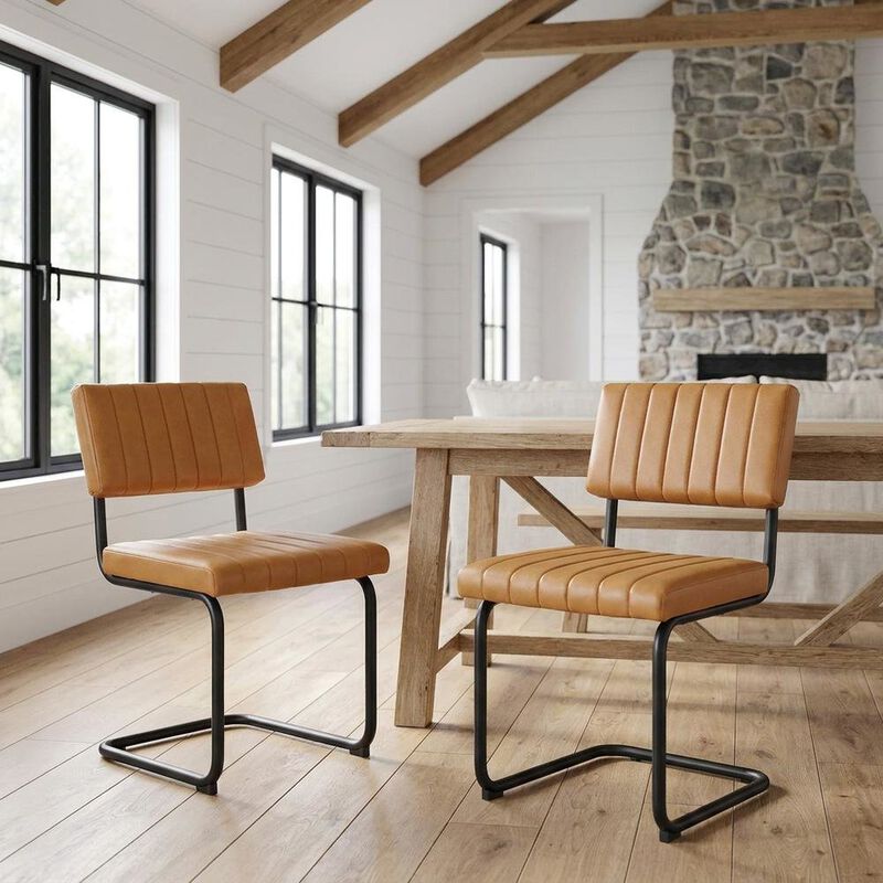 Vegan Leather Dining Side Chair with Cushioned Seat, Black Tan, Set of 2 image number 3