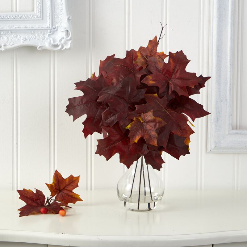 Hivvago 18" Autumn Maple Leaf Artificial Plant in Glass Planter - Burgundy