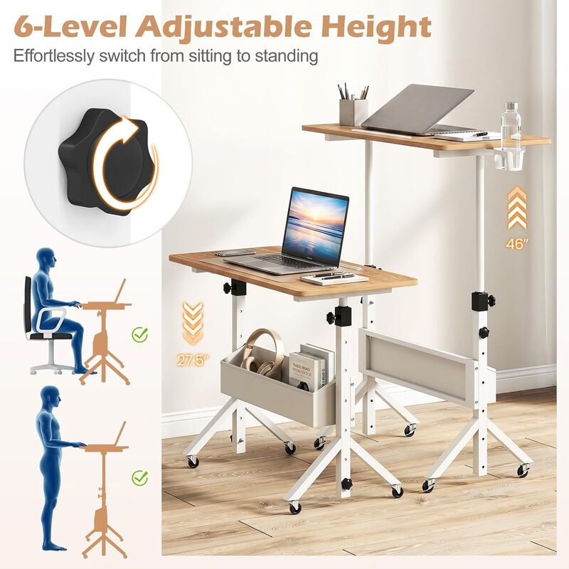 Mobile Rolling Standing Desk with Adjustable Height Cup Holder and Storage Basket image number 4