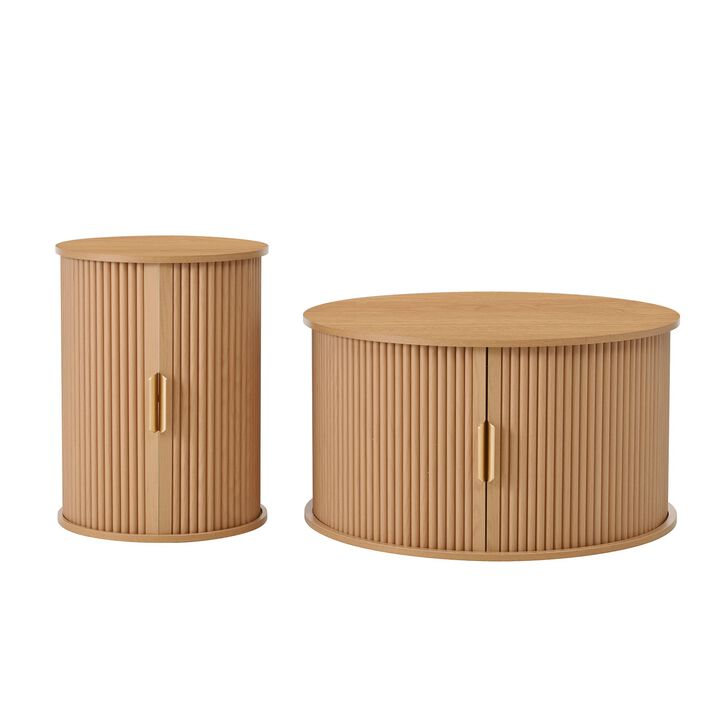 Mid Century Coffee Table Set with Sliding Tambour Door Fluted Round End Table with Storage