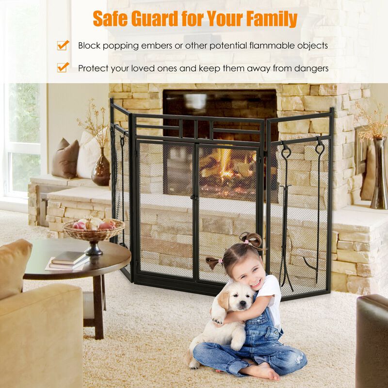 3-Panel Folding Wrought Iron Fireplace Screen with Doors and 4 Pieces Tools Set-Black image number 4
