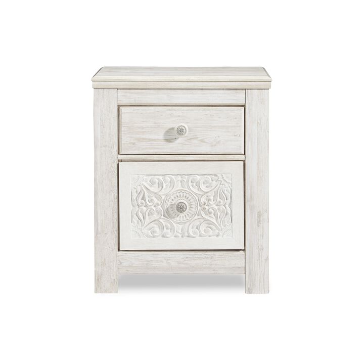 Paxy Nightstand, 2 Drawers, 2 USB Ports, Laminate Whitewash Finish