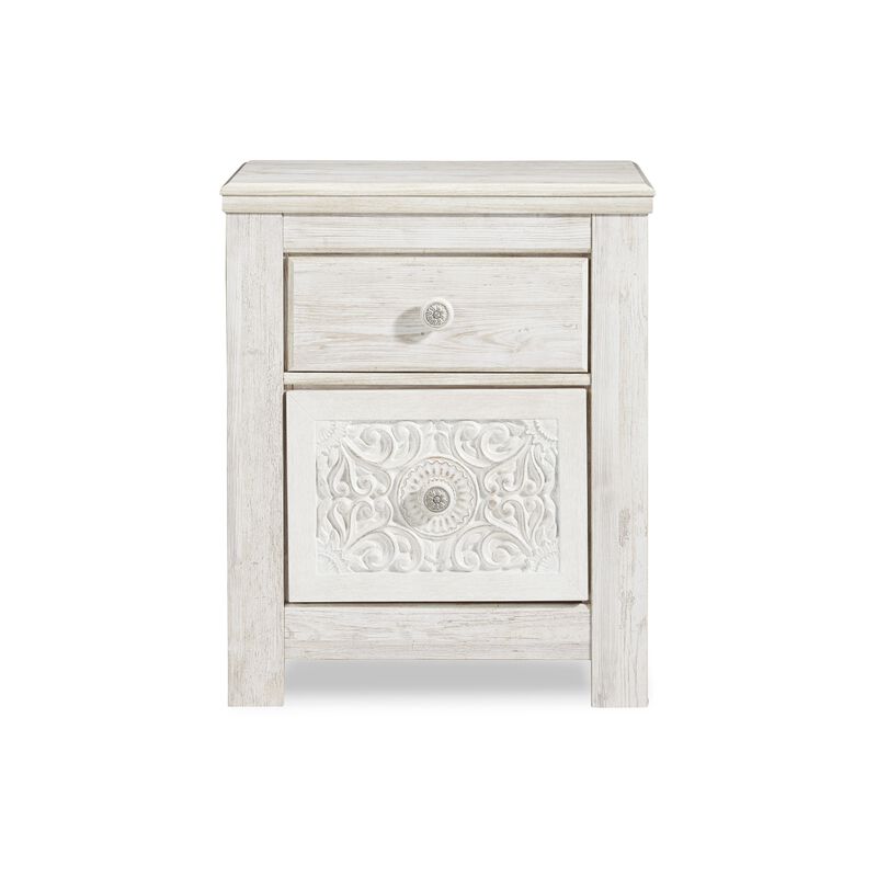 Paxy Nightstand, 2 Drawers, 2 USB Ports, Laminate Whitewash Finish