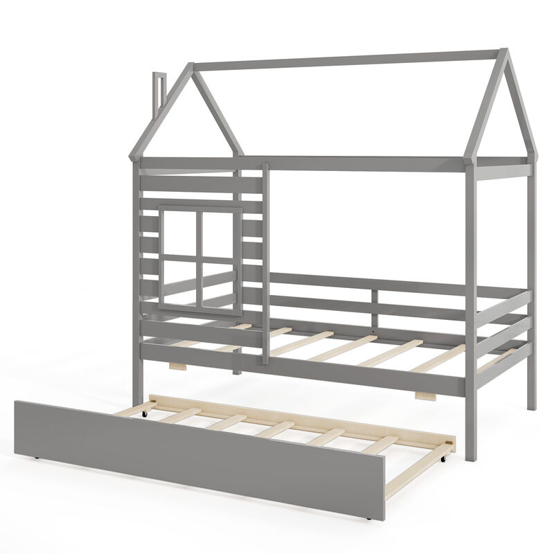 Kids Wood Bed with Roof Canopy and Slide-Out Trundle