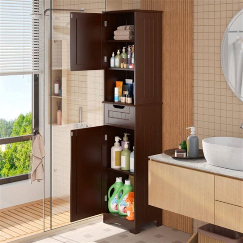Slim Bathroom Linen Tower with Double Doors, Storage Drawer & Shelf