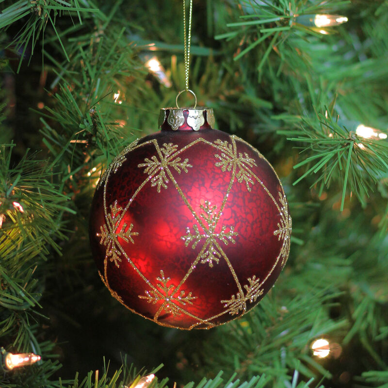 3.25" Burgundy Red and Gold Glittered Snowflake Glass Ball Christmas Ornament image number 1