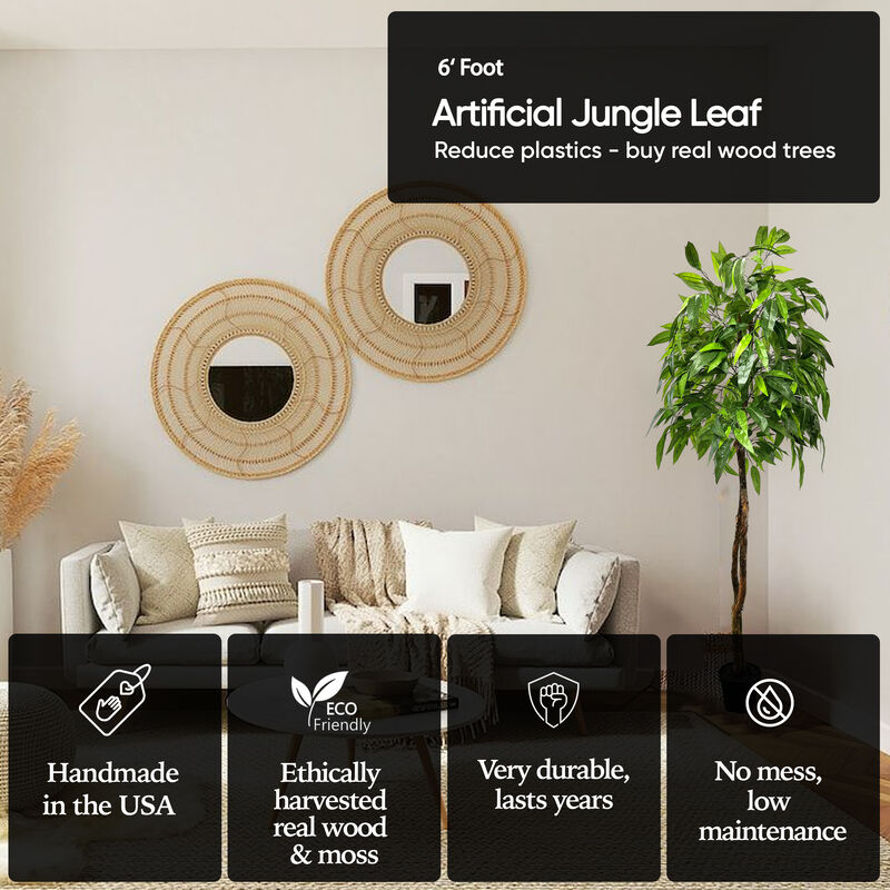 Handmade 6' Artificial Jungle Leaf Tree In Home Basics Plastic Pot Made with Real Wood and Moss Accents