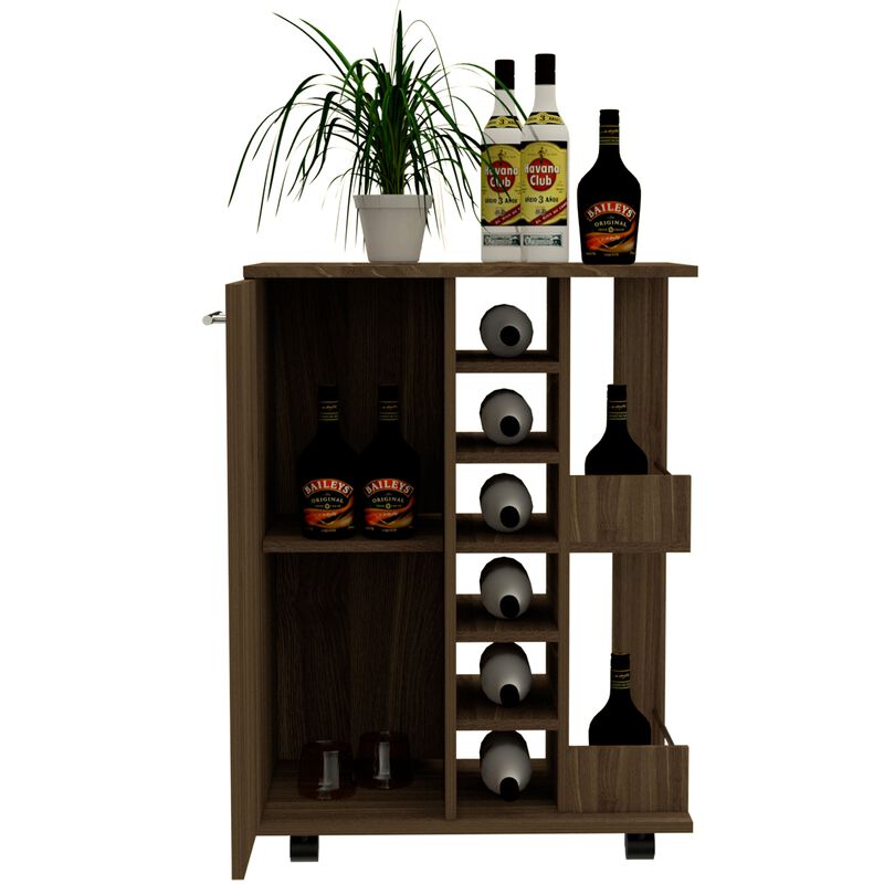 Bar Cart, Two External Shelves, Four Casters, Six Built-in Wine Rack, Single Door Cabinet