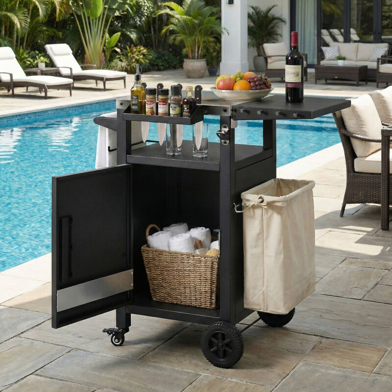 Whisen 33.9" Outdoor Grill Cart with Foldable Side Table, Removable Spice Rack, Wheels & Storage, Stainless Steel & Metal for BBQ Prep & Garden image number 5